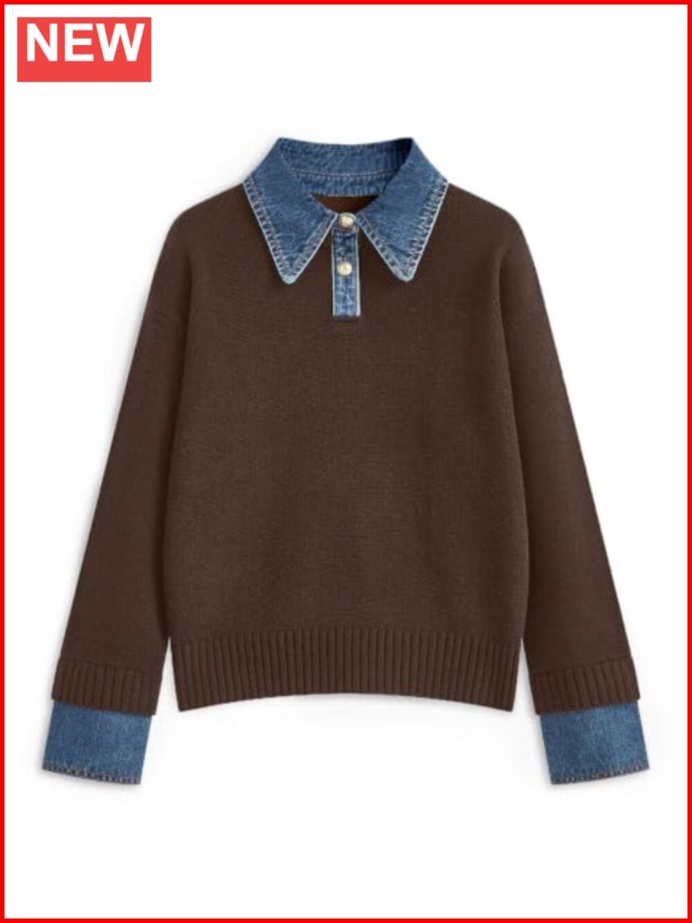 Oversized Women's Knit Pullover Sweater with Denim Polo Collar Long Sleeve
